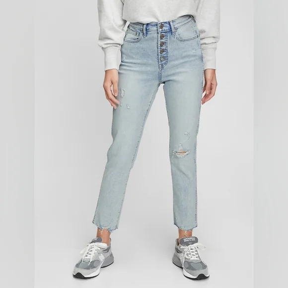 Gap High Rise Vintage Slim Distressed Button Fly Lightwash Jean Coastal Spring 6 - Picture 3 of 9